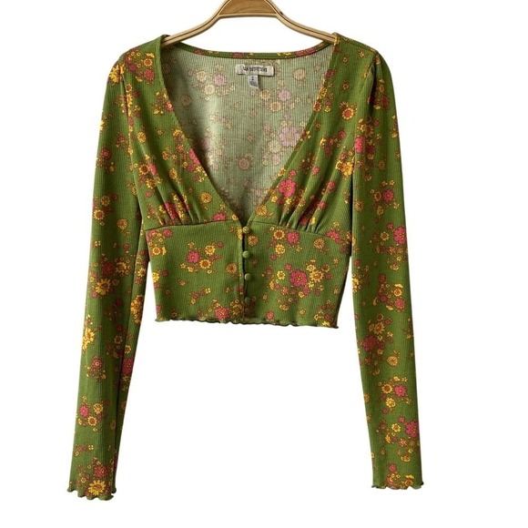 Urban Outfitters Tops - Urban Outfitters Floral Babydoll Top Women S Green Rib Knit Cottagecore Retro